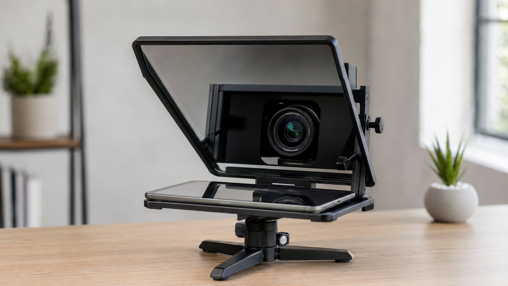 Teleprompter rig with camera lens glowing green in a dark studio